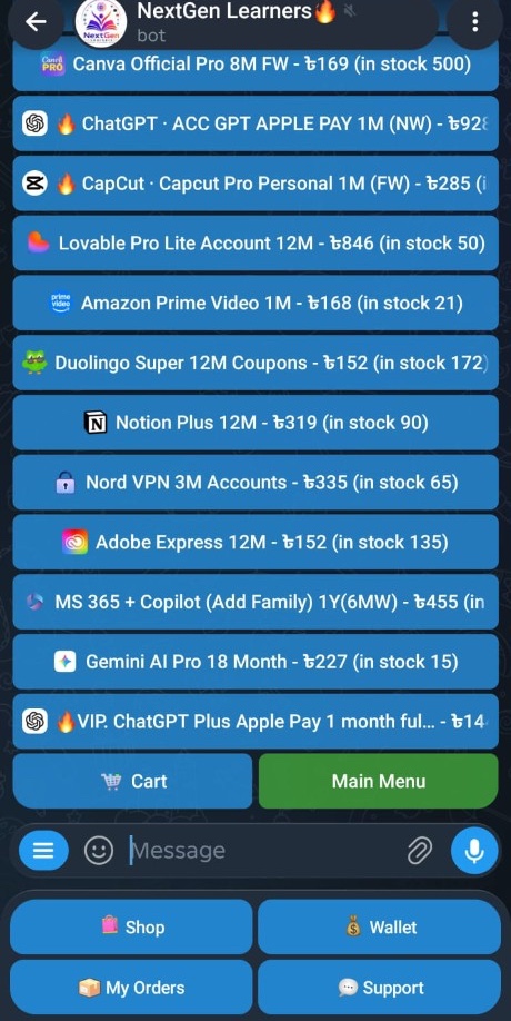 NextGen Learners bot on Telegram, showing the live product menu, cart, and shop keyboard
